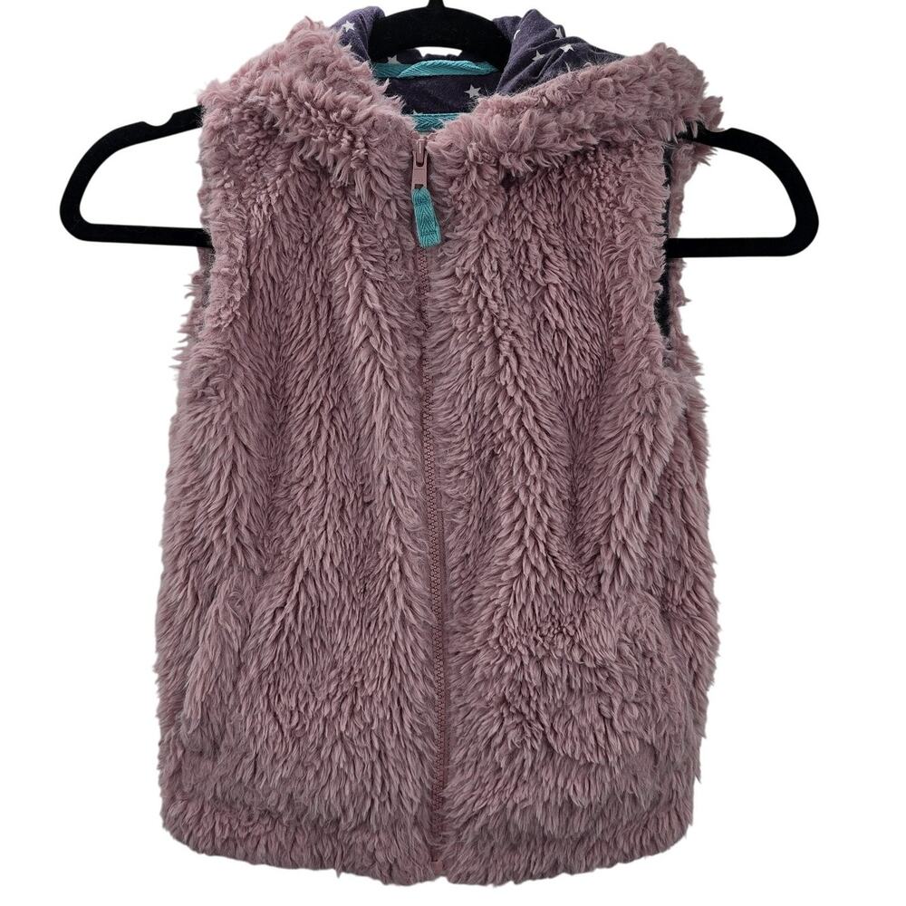 Boden Girls Vest Pink Fuzzy Hooded Sherpa Star 5 6Y
